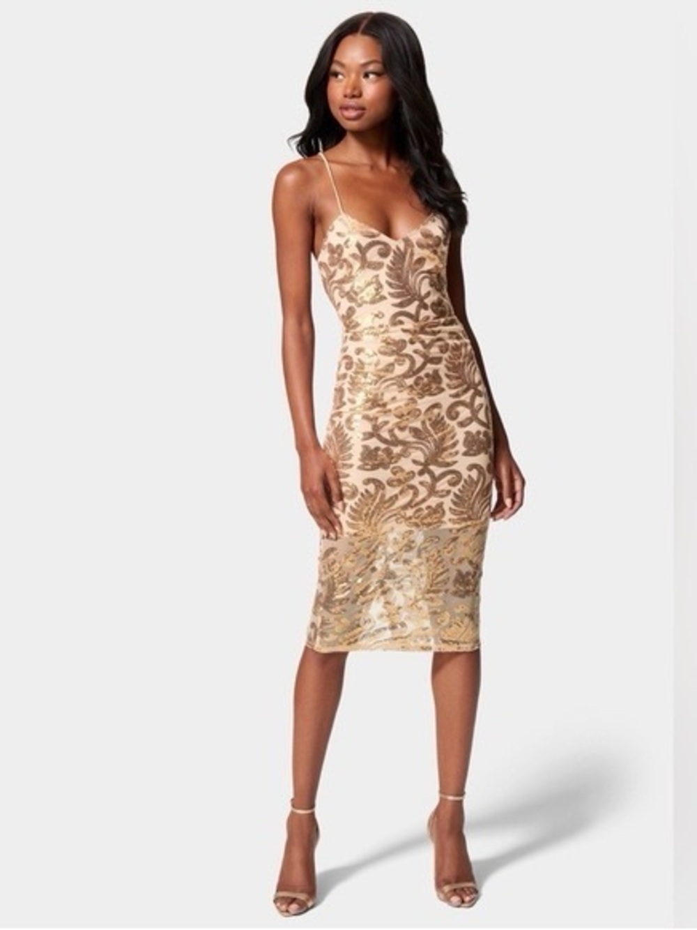 BEBE Gold Embroidered Slip Midi Dress XS